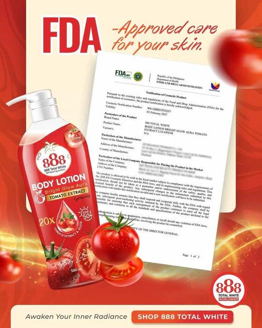 888 Total White Body Lotion Bright Glow Aura Tomato Extract 20X 500 mL